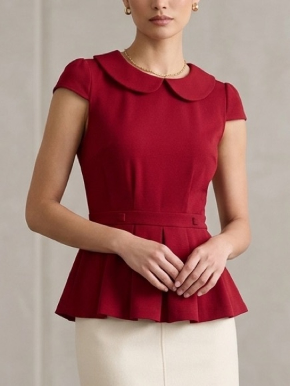 Monteau Red Peter Pan Collar Peplum‎ Top Cap Sleeve Keyhole Back Small